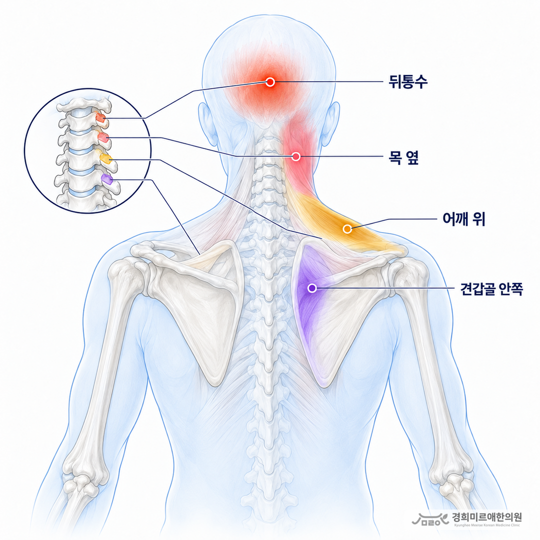 목뼈 마디별 후관절 연관통 분포 도식 — 경희미르애한의원 보라매 경추 후관절 통증 지도