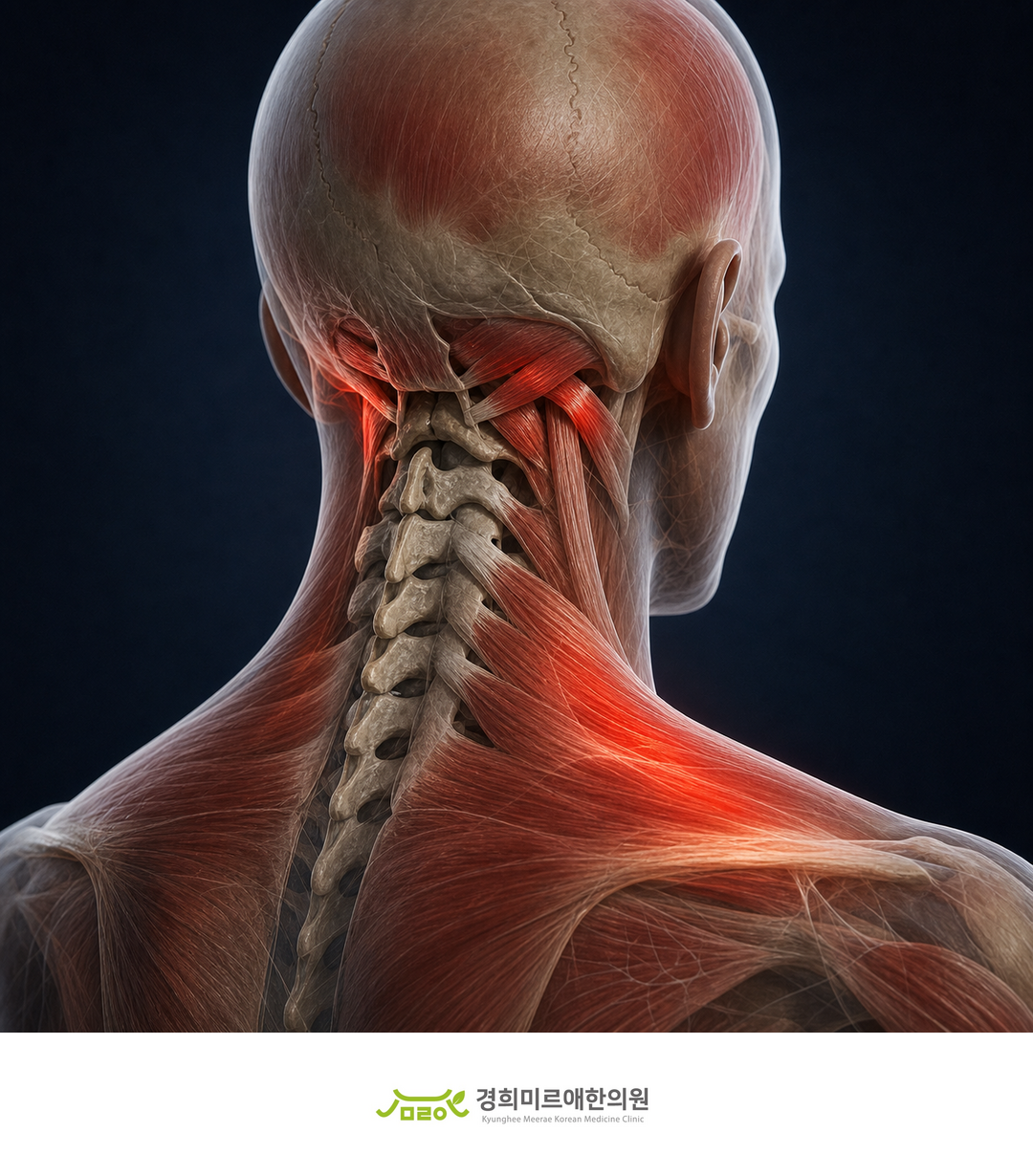 목 뒤 후두하근과 상부 승모근의 긴장을 보여주는 해부 이미지 — 경희미르애한의원 보라매 긴장성 두통