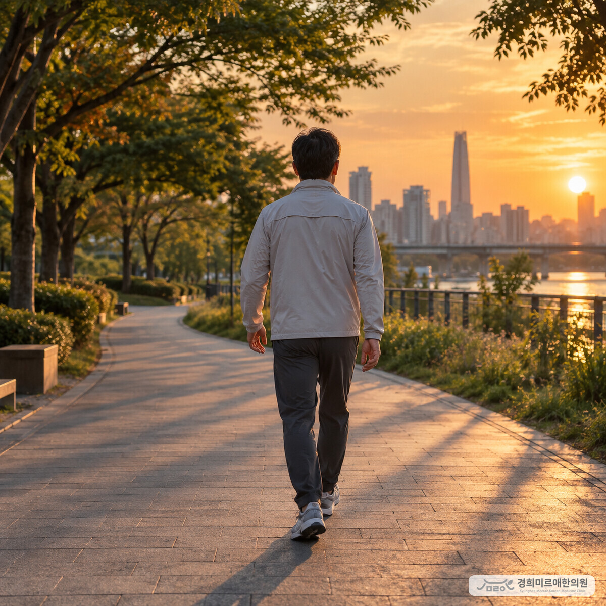 해 질 녘 공원 산책로를 걷는 사람의 뒷모습 — 경희미르애한의원 보라매 번아웃 회복 가벼운 활동