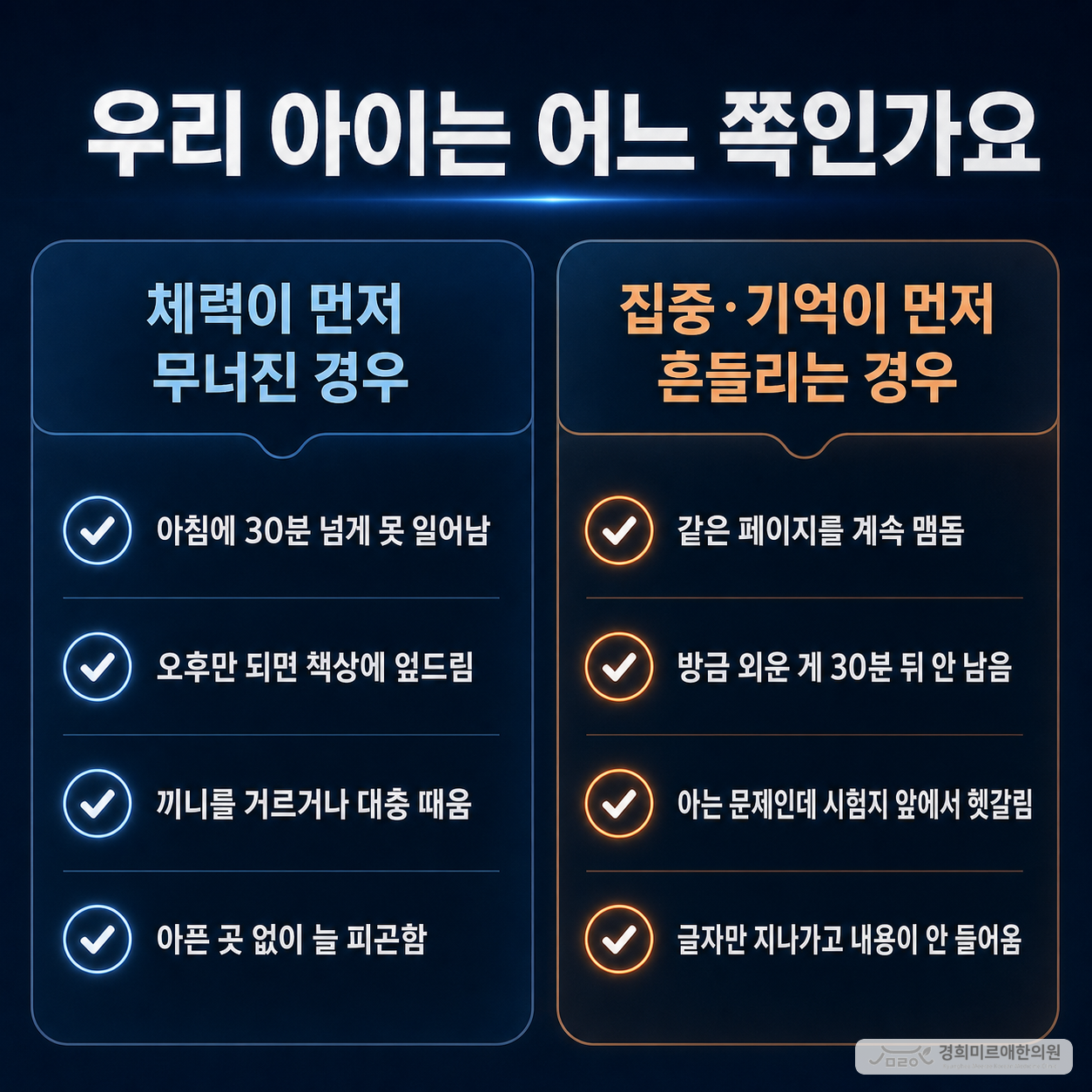 체력이 먼저 무너진 경우와 집중·기억이 먼저 흔들리는 경우 구분표 — 경희미르애한의원 보라매 수험생 보약 상담 기준